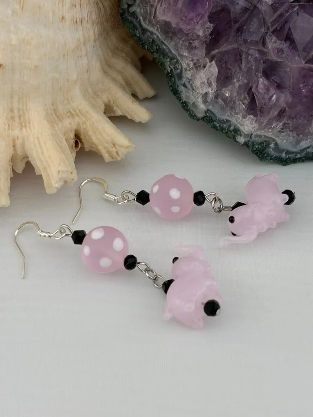 Pink Elephant Polka Dot Lamp Work Glass Bead Handmade Handcrafted Earrings LR223